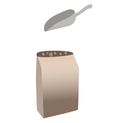 animated graphic of a scoop emptying coffee beans in a paper bag