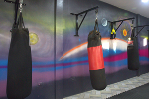 Punching bags hanging in the studio